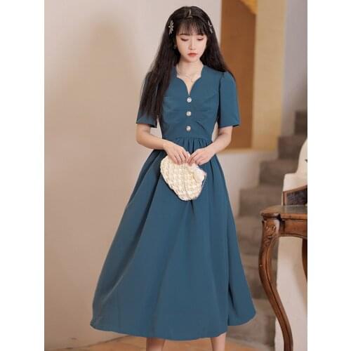 2021 Summer Korean Womens Puff Sleeve Folded Blue Dress Retro Thin V-neck Casual Mid-length Dress Boho Beach Black Dress