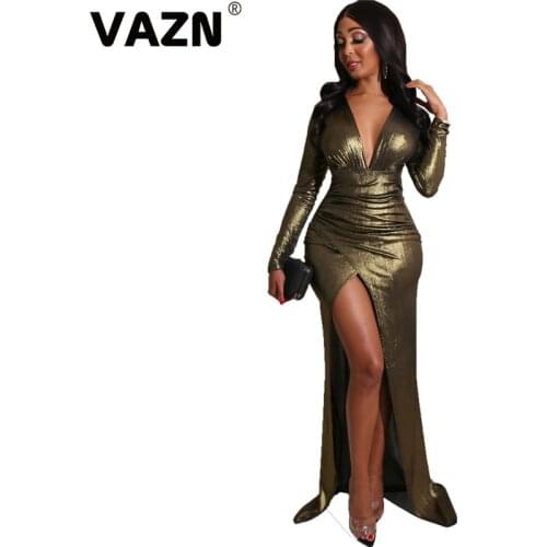VAZN Hot sale 2020 summer sexy lady golden solid floor-length dress full sleeve deep V-neck sheath vent drees wine party dress