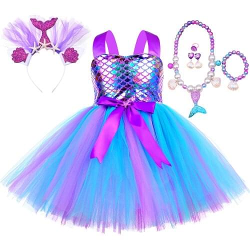 Girls Mermaid Tutu Dress Set Fish Scale Pattern Girl Princess Birthday Party Dresses Halloween Cosplay Mermaid Costume for Kids