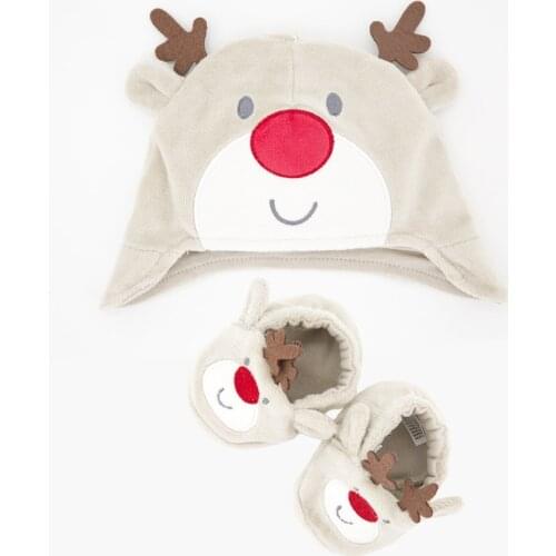 KAVKAS 2pcs Christmas Hat+Shoes Clothes Set Cotton Warm Elk Design Newborn 0-3 months Toddler Clothing