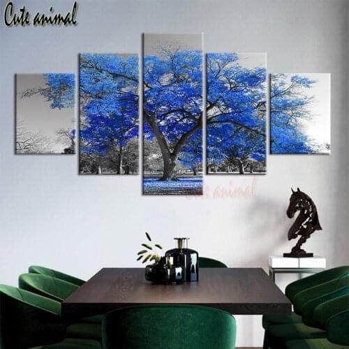 Wall art diamond embroidery 5 piece 5 d diy diamond painting Blue tree landscape full square round diamond mosaic decor painting