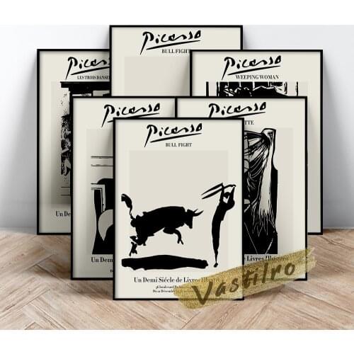 Pablo Picasso Exhibition Poster, Picasso Figure Portrait Canvas Painting, Black Abstract Patten Art Prints, Bedroom Wall Decor