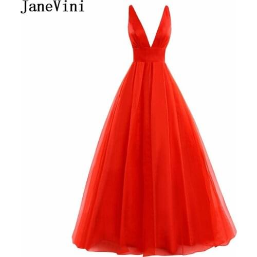 JaneVini 2018 Simple Red Tulle Long Bridesmaid Dresses A Line Sexy Deep V Neck Backless Sweep Train Women Wedding Party Dress
