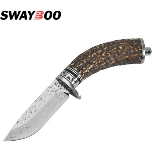 Dropship Antler Handle Hunting Knife Outdoor Camping Survival Knife Damascus Steel Fixed Blade Knife Hand Tools With Knife Cover