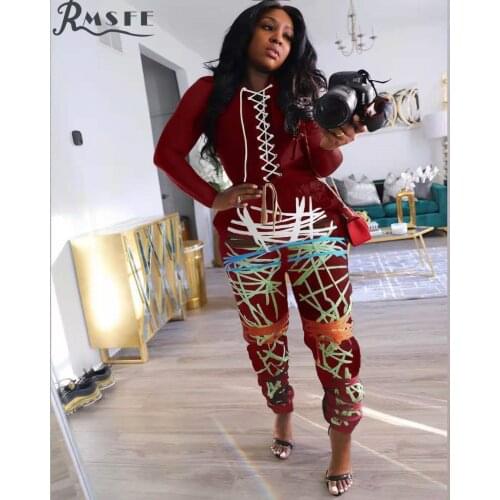 RMSFE 2021 European And American Womens Long Sleeve Color Contrast Line Printed Pants Corns Bandage Slim Two-Piece Set
