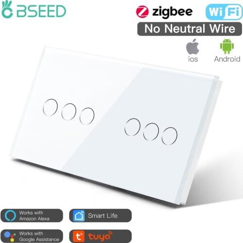 Bseed 6 Gang Wifi Light Touch Switch Russia EU Standard Zigbee Smart Wall Switches Black White Gold With Glass Panel 157mm