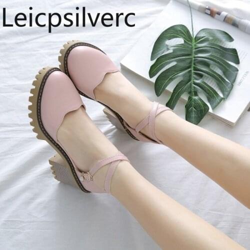 Pumps Spring and autumn new style Cross-tied Round head Shallow mouth Buckle Thick heel High heel Womens shoe plus size 33-43