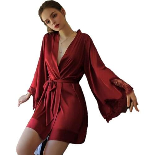 Spring Aummer Simulation Silk Cuff Stitching Lace Bathrobe Home Clothing Body Suit Q323