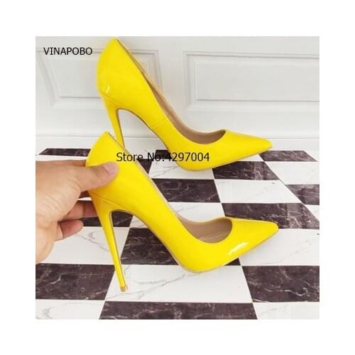 VINAPOBO Brand Shoes women 10 12CM Stiletto Heels Women Shoes Pumps Neon Yellow Sexy High Heels Party wedding Shoes Big Size 43