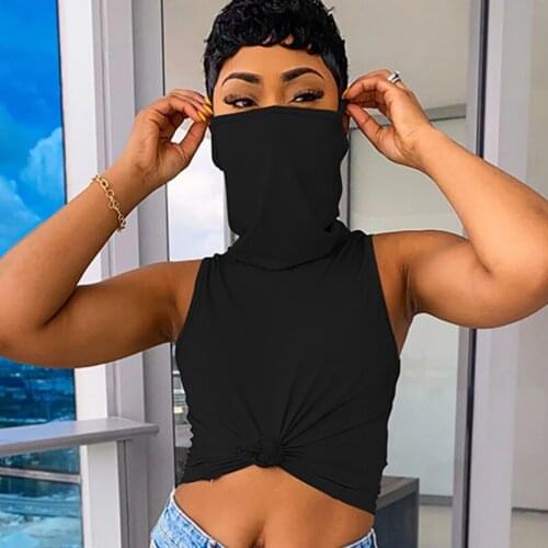 Sexy Stacked Turtle Neck Slim Top Women Summer Clother 2020 New Cute Outfits Trendy Fashion Sleeveless Mask T Shirt