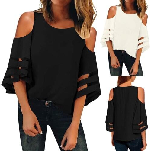 Women Cold Shoulder Round Neck Mesh Panel 3/4 Bell Sleeve Loose Top Shirt Tee Shirt Solid AM1506