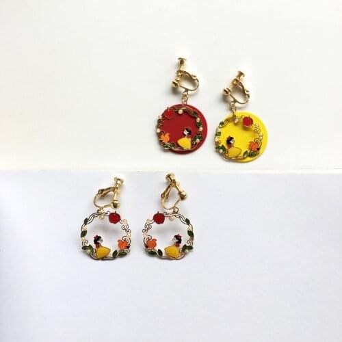 Korean Cute Cartoon Childs Fairy Tale Princess Earrings for Women Round Circle Snow White clip on earrings kids princess