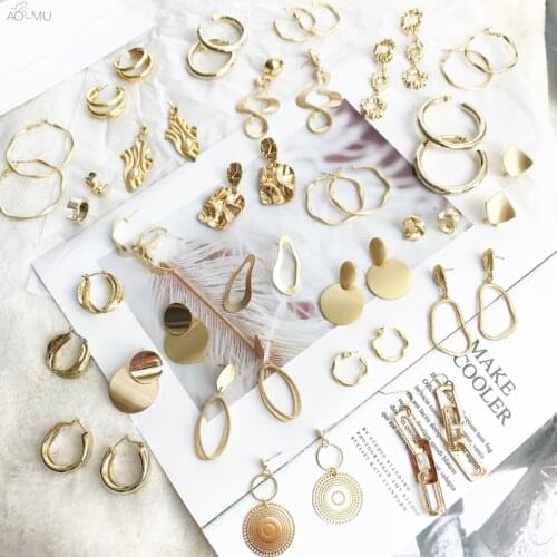 AOMU 2019 Retro Hyperbole Metal Golden Color Geometric Twisted Hollow Big Circle Stud Earrings Gifts For Women Party Jewelry