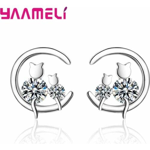 Top Quality CZ Cubic Zirconia Stud Earrings for Women 925 Sterling Silver Lovely Cats Moon Design Promotion Fashion Jewelry