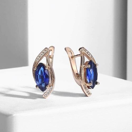 Stud Earrings For Women Blue Stone Leaf Shaped w Paved Cubic Zirconia CZ Earrings 585 Rose Gold Filled Fashion Jewelry GE136A