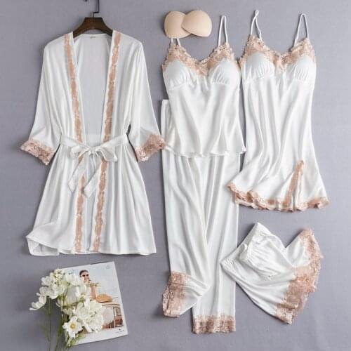 Women Lace Trim Robe Sets Bride Dressing Kimono Bathrobe Gown Summer Nightgown Sexy Pajamas Suit Sleepwear Lounge Home Clothes