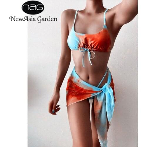 NewAsia Push Up Bikini 3 Piece Set Tie Dye Bra Adjusted Length Panty Chiffon Beach Cover up Summer Swimwear Women Sexy Outfits