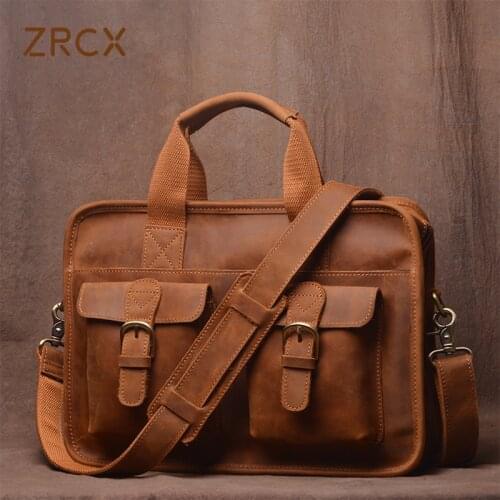 ZRCX Vintage Men Briefcase Man Handbag Shoulder Crazy Horse Genuine Leather Bags Brown Business Fashion 14 Inch Laptop Bag