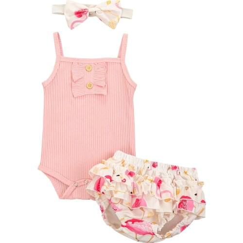 0-18M Newborn Summer Fashion Infant Baby Sleeveless Ruffle Solid Color Romper Floral Shorts Headband Set Kids Clothes Girls