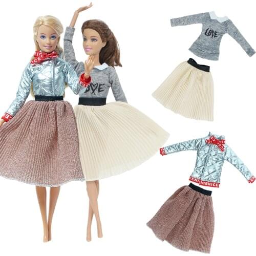 2 Set/Lot High Quality Girl Doll Outfit Twins Winter Warm Coat Shirt Pleated Skirt Clothes for Barbie Doll Accessories Kids Toy