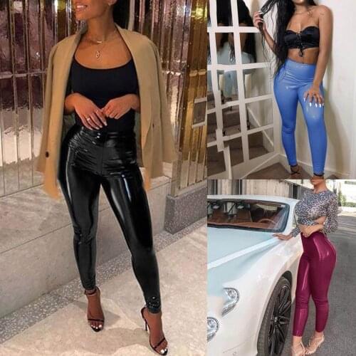 2021 Fashion Casual Womens Ladies High Waist Solid Black Faux Leather Wet Look Stretch Tight PU Sexy Slim Fit Long PU Trousers