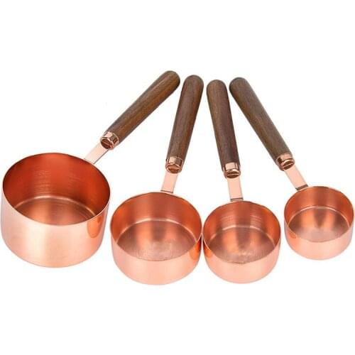 4pcs/Set Stainless Steel Wooden Handle Measuring Spoons Rose Gold Measure Cup Kitchen Tool for Liquid Spice Powder