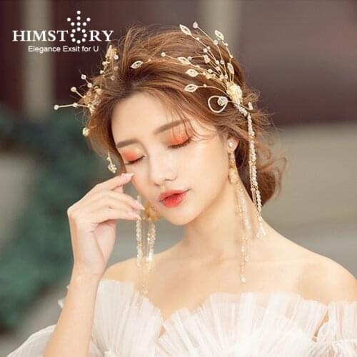 Himstory Handmade Baroque Tiaras Crowns Gold Leaf Headband Pearl Crystal Princess Wedding Hair Accessories Tiaras Hairwear