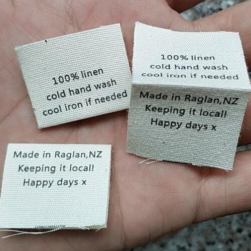1000pcs , 3 * 5 cm Custom loop fold natural cotton ribbon cloth tag print care label 100%Linen writings