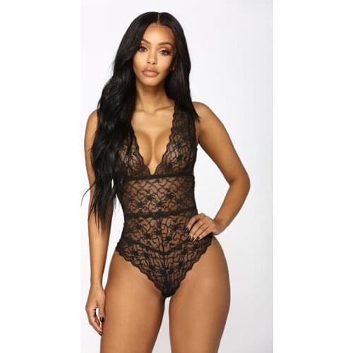 Hot sale Women Lingerie Large Size Sexy Lace V-neck Bodysuit Teddy Lingerie Jumpsuit Embroidery With Collar S-3XL femme sexy