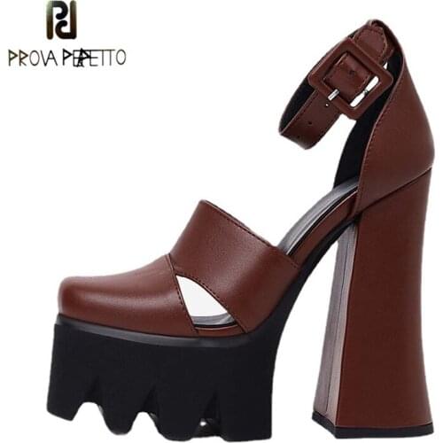 New Catwalk Genuine Leather Thick Heel Sandals Summer Belt Buckle Brown Sexy Super High Heel Sandals Women