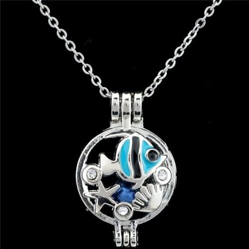 Enamel Ocean Theme Fish Star Shell Beads Pearl Cage Perfume Diffuser Pendants Locket Necklace K1208