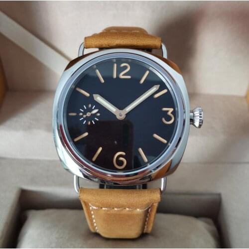 No logo 45mm stainless steel Manual mechanical mens Watch sapphire Sandwich dial Orange number gold hand Seagull ST3600-2