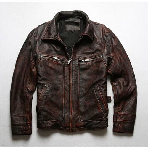 2021 Mens Genuine Cowhide Jacket Retro Motorcycle Leather Jacket Mens First Layer Cowhide Jacket