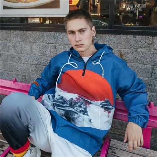 Streetwear Fashion Full Spaceship Graphic Hip Hop Zip Up Hoodie Windbreaker Men