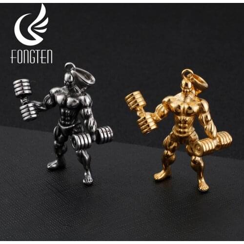 Fongten Sport Fitness Muscle Men Pendant Necklace with Long Box Link Chain Stainless Steel Mens Necklaces Jewelry Gift