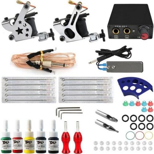 Tattoo Machine Kit Set 2 Coils Guns 5 Colors Black Pigment Sets Power Tattoo Beginner Grips Kits Permanent Makeup