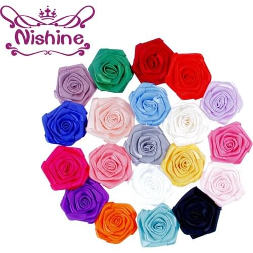 Nishine 30pcs 2 inch Hot Rolled Ribbon Flower Flatback Rose for DIY Girls Hairpins Headbands Kids Hair Accessories