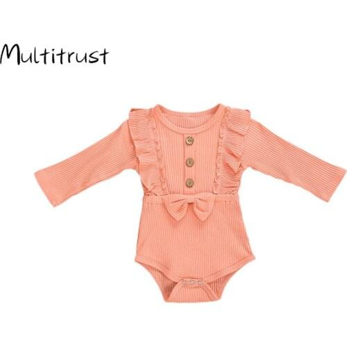 2020 Autumn Newborn Baby Boys Girls Cotton Knit Long Sleeve Bodysuits Solid Color With Bowknot 0-18M