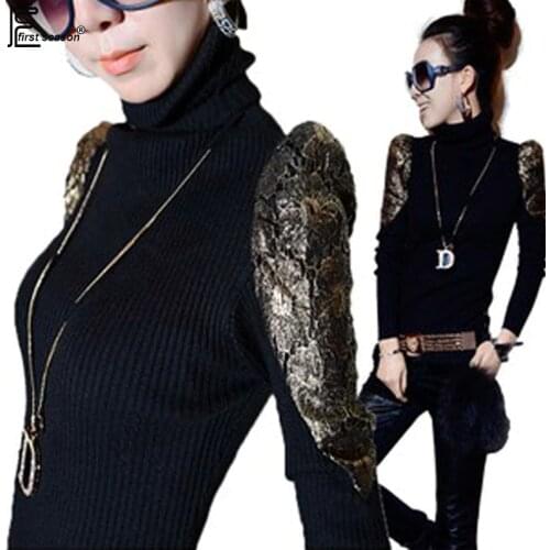 Autumn Winter Tops Hot Fashion Women Slim Bodysuit Elegant Ladies Patchwork Gold Lace Black Knitted Pullover Turtleneck Sweater