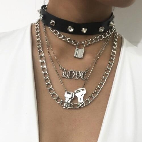 KMVEXO Punk Multilayers Padlock Love Key Pendant Necklace Women Girls Gothic Spike Rivets Leather Choker Necklace Hiphop Jewelry