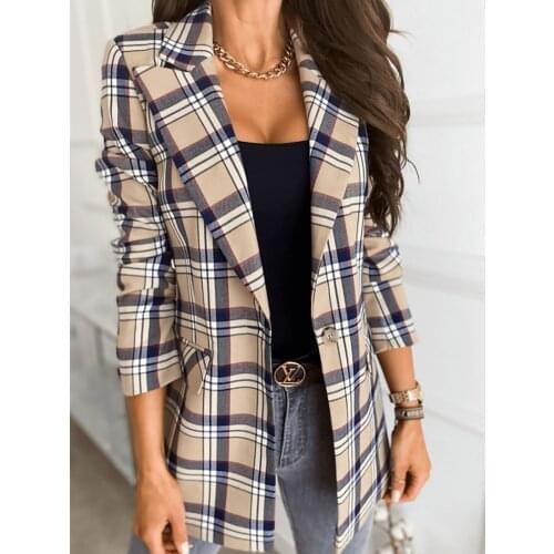 Blazer Womens Office Wear Jacket Fashion Casual Long Sleeve 2021 Autumn Plaid Color Stand Up Collar Small Suit Women Coat