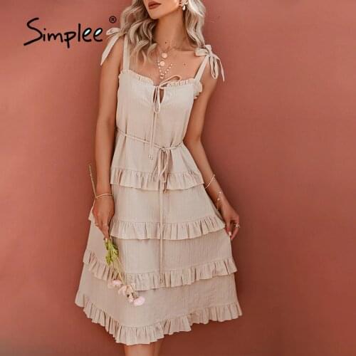 Simplee Light yellow aline boho ruffle sling women dress Office lace up ruffles female dress Summer elegant cotton sundress 2021