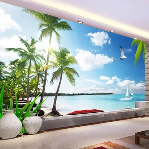 Custom Photo Wallpaper 3D Beach Coconut Tree Seaside Landscape Mural Living Room TV Sofa Bedroom Hotel Papel De Parede Sala 3 D