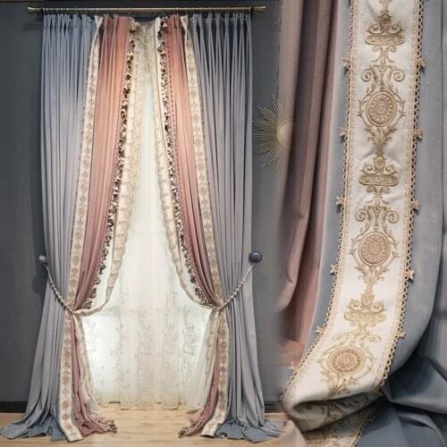 Custom curtains light luxury French pink blue princess bedroom velvet thick embroidery cloth blackout curtain tulle panel