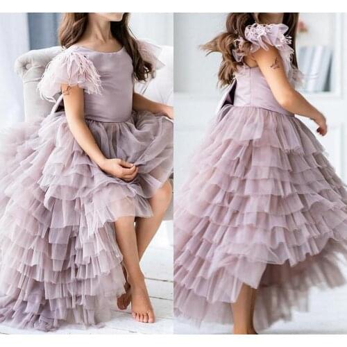 Furs Cap Sleeve Girls Pageant Birthday Party Dress Tiered Tulle Hi-Lo Flowers Girl Princess Gown Fluffy Kids First Communion