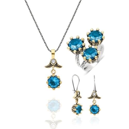 Blue Aquamarine Stone Authentic Silver Triple Set Jewelry
