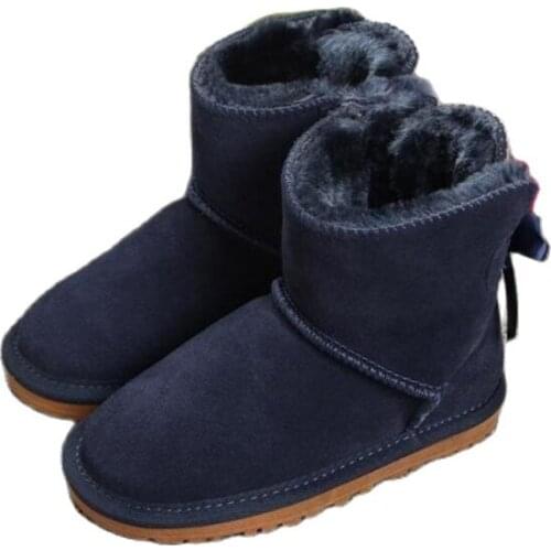 Bow student cotton shoes Winter Plush Warm Boys Snow Boots Leather Soft Non-slip Girls Boot fur Children Boots Shoes 21-34