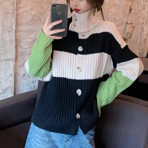 Turtleneck Sweater Fashion Casual Contrast Color Patchwork Single-breasted Knit Cardigan Sweaters 2021 Spring Women Clothes