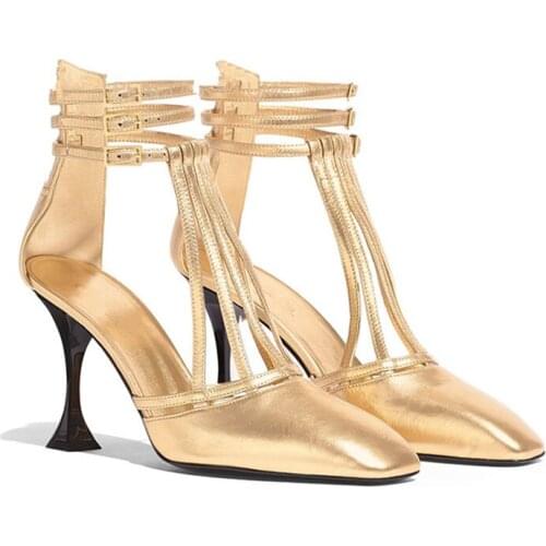 Fashion Gold Pumps Women Pointed Toe Ankle Strap High Heels Shoes Women Fashion Rome Style Sexy Ladies Shoes Zapatos De Mujer