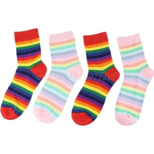 Japanese Women Girls Long Crew Socks Ice Cream Rainbow Colorful Stripes Hosiery